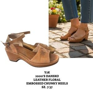 Y2K‎ 2000'S VTG. FLORAL LEATHER DANSKO CHUNKY SANDALS HEELS SZ. 7/37.